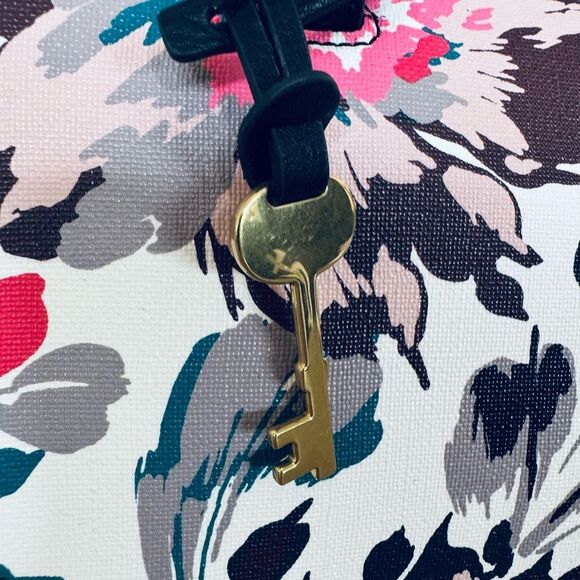 Fossil Teal Pink Floral Print Shoulder Bag Tote Purse - Picture 2 of 8